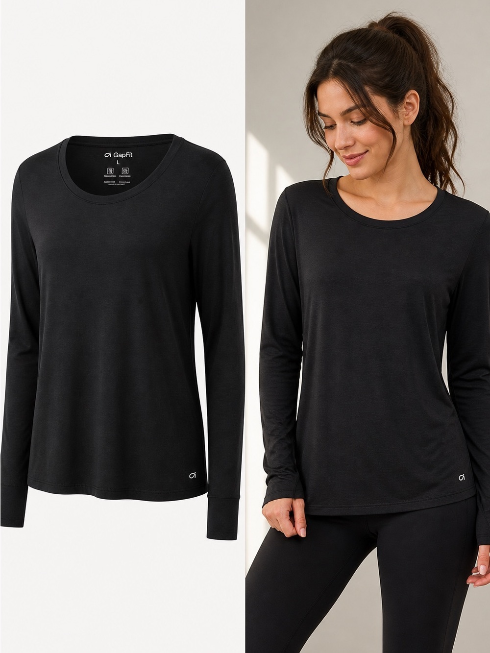 GapFit Black Long Sleeve Top | Moisture Wicking Breathable Athletic Shirt | L